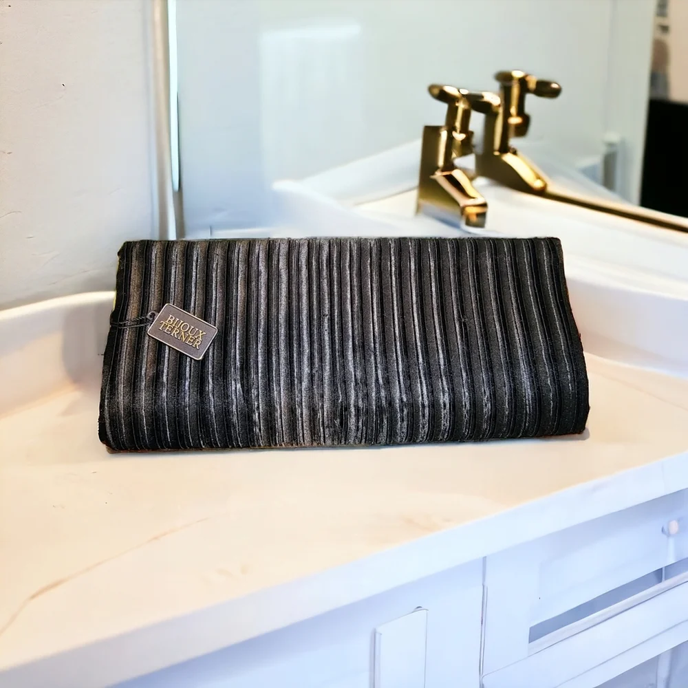BIJOUX TERNER | Black Pleated Satin Evening Clutch Original Hang Tag